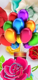 Colorful balloons with large decorative flowers on a mobile wallpaper.