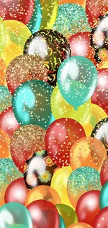 Colorful balloons and glitter wallpaper for celebrations.