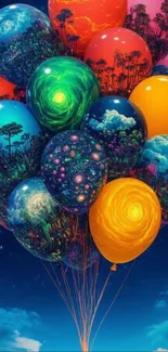 Vivid balloons with fantasy artwork in a night sky.