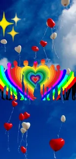 Heart balloons float in a blue sky with clouds and a rainbow heart.