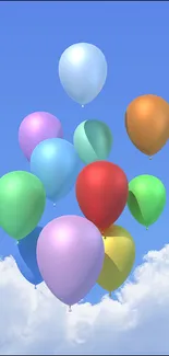 Colorful balloons floating against a bright blue sky.