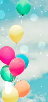 Colorful balloons float in a clear blue sky.