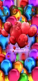 Vibrant wallpaper with colorful balloons and hearts for mobile screen.