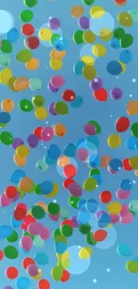 Colorful balloons float in a clear blue sky.