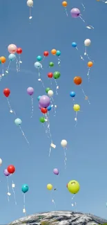 Colorful balloons floating up into a clear blue sky.