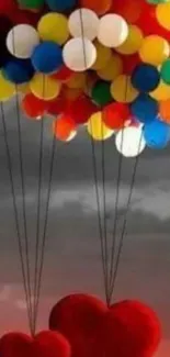 Colorful balloons with red hearts floating at sunset.