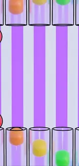 Colorful balls in glass tubes with purple stripes.