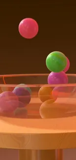 Colorful balls hovering over a glass bowl with an orange background.