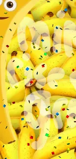 Funny banana wallpaper with smiling faces and vibrant confetti accents.