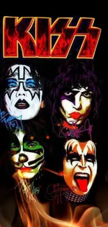 Iconic band faces with vibrant face paint on black background.