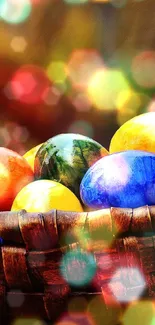 Vibrant Easter eggs in a woven brown basket with a blurred outdoor background.