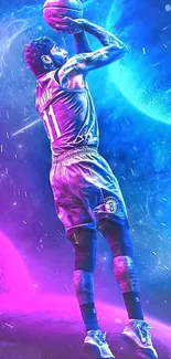 Vibrant neon wallpaper of a basketball player in action with cosmic background.