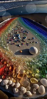 Rainbow-colored stones arranged creatively on a beach with a serene ocean background.