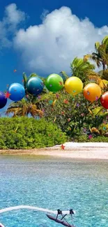 Tropical beach with colorful balloons and blue ocean water.