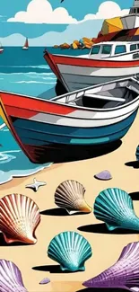 Vibrant coastal scene with boats and seashells on a sunny beach.