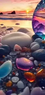 Colorful beach scene with stones and sunset.