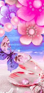 Vibrant fantasy beach scene with butterflies and flowers.