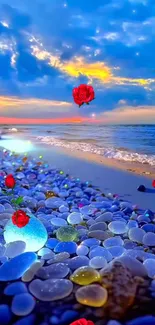 Colorful beach with floating roses at sunset.