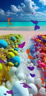 Colorful beach with rocks and butterflies in a vibrant phone wallpaper.