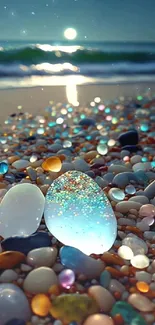 Colorful gemstones on a beach with ocean waves and sunset in the background.