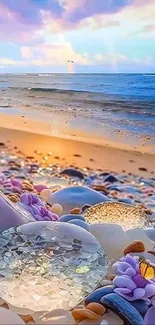 Colorful beach scene with glass stones and ocean waves under a vivid sky.