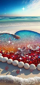 Vibrant heart art on a sandy beach with seashells and ocean waves.