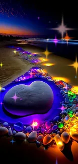 Vibrant beach scene with glowing heart and pebbles at night.