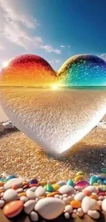 Multicolored heart on beach with ocean background.