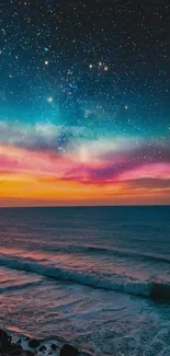 Vibrant beach night sky with stars and waves.