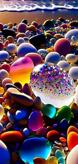 Vibrant beach pebbles with colorful stones in sunlight.