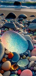 Vibrant beach pebbles glowing in sunset light with ocean waves.