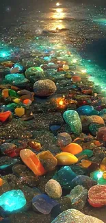 Vibrant glowing pebbles on a moonlit beach.