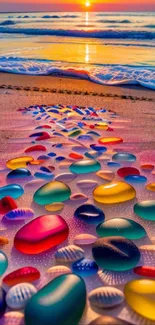 Beach sunset with colorful pebbles and ocean waves.