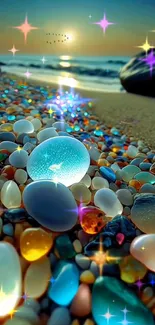 Colorful pebbles glistening on beach at vibrant sunset with sparkling lights.