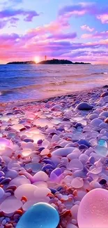 Colorful pebbles on a beach at sunset, with a vibrant sky and serene ocean.