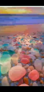 Colorful pebbles on a beach at sunset with vibrant hues.