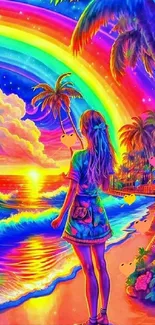 Vibrant beach with rainbow and sunset on a colorful wallpaper.