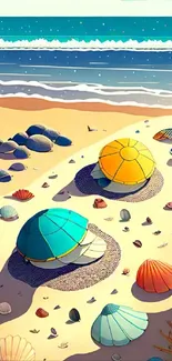 Colorful beach with seashells and umbrellas on golden sand.