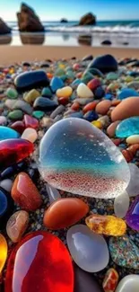 Vibrant and colorful beach stones with ocean background.