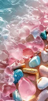 Colorful stones and ocean waves on a beach.