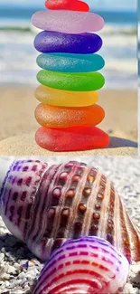 Colorful stacked stones and seashells on a beach