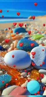 Colorful beach stones and 3D hearts in vibrant mobile wallpaper.