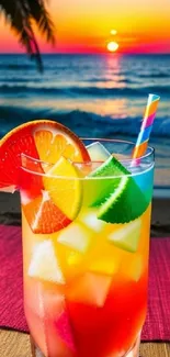 Colorful cocktail on a beach with a sunset view and ocean waves.