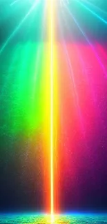 Abstract wallpaper with a colorful, radiant rainbow beam over dark waves.