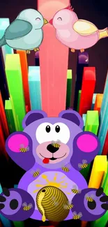 Vibrant purple bear with bees and colorful birds on a lively background.