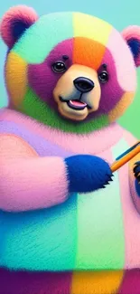 Multicolored bear holding a paintbrush on a vibrant wallpaper.