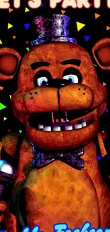 Colorful cartoon bear with a party theme.