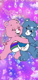 Colorful cartoon bear hug on pink sky background.