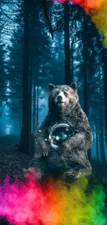 Bear with crystal ball in colorful, misty forest scene.