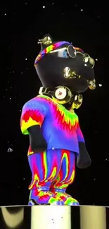 A colorful bear statue wearing neon attire stands against a starry black space background.